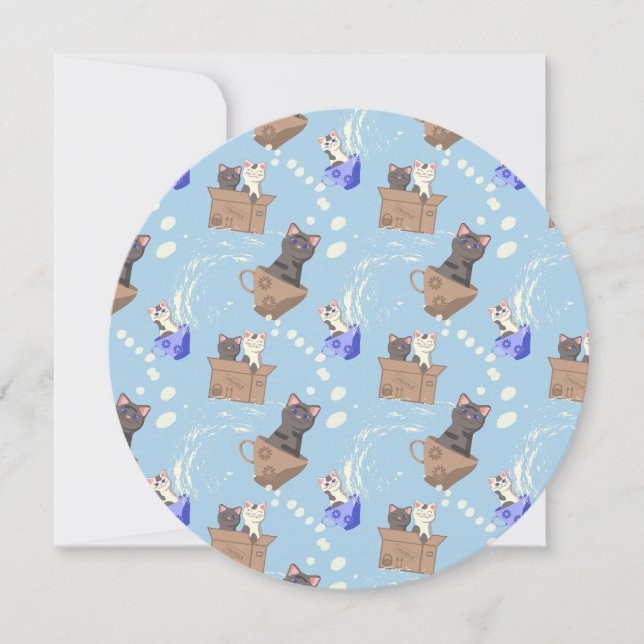 Cats in box and milk drops on blue card (Front)