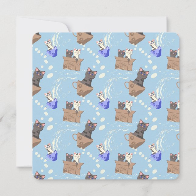 Cats in box and milk drops on blue card (Front)