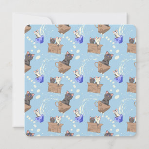 Cats in box and milk drops on blue card