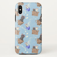 Cats in box and milk drops on blue