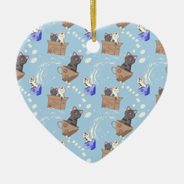Cats in box and milk drops on blue ceramic tree decoration (Front)