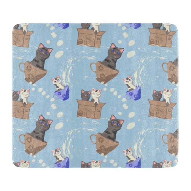 Cats in box and milk drops on blue cutting board (Front)