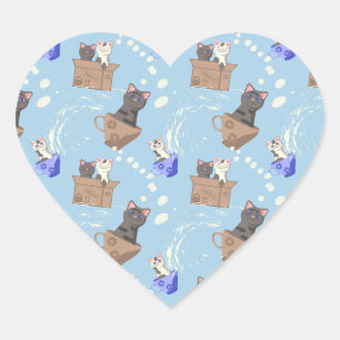 Cats in box and milk drops on blue heart sticker