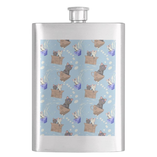 Cats in box and milk drops on blue hip flask (Front)