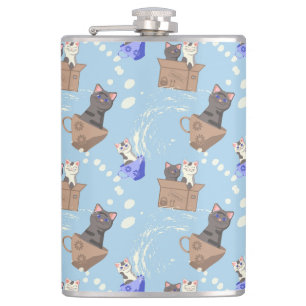 Cats in box and milk drops on blue hip flask