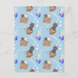 Cats in box and milk drops on blue holiday postcard
