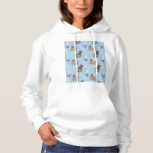 Cats in box and milk drops on blue hoodie