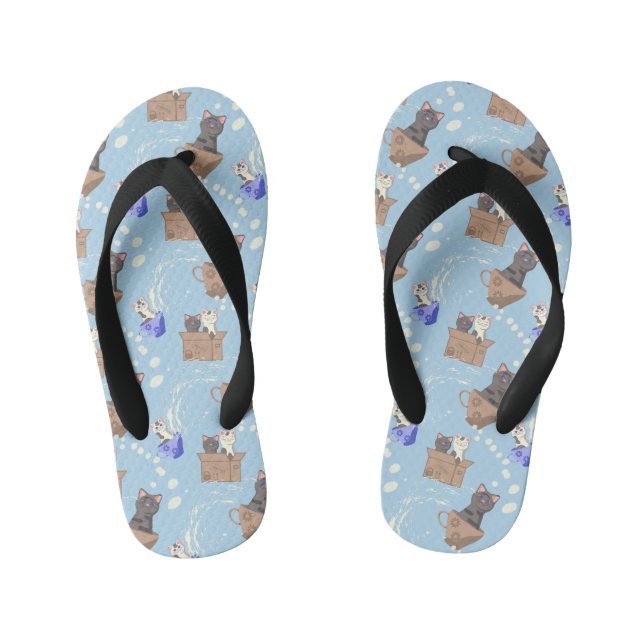 Cats in box and milk drops on blue kid's jandals (Footbed)