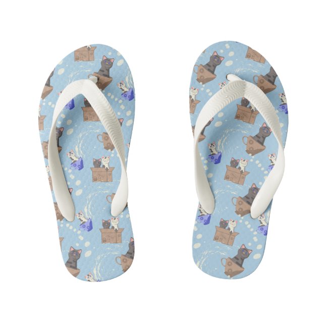 Cats in box and milk drops on blue kid's jandals (Footbed)