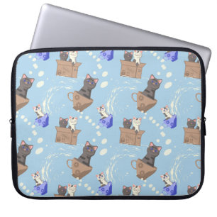 Cats in box and milk drops on blue laptop sleeve