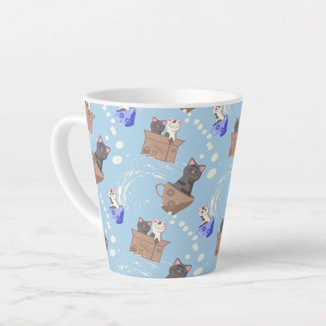 Cats in box and milk drops on blue latte mug (Left Angle)