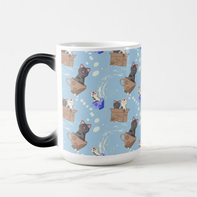 Cats in box and milk drops on blue magic mug (Left)