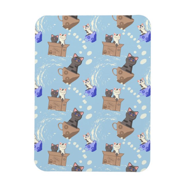Cats in box and milk drops on blue magnet (Vertical)