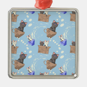 Cats in box and milk drops on blue metal tree decoration