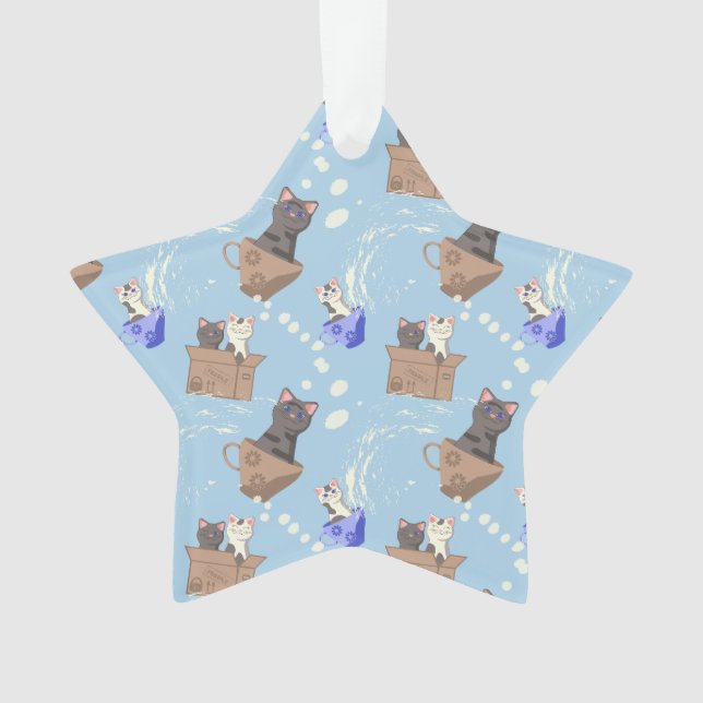 Cats in box and milk drops on blue ornament (Front)