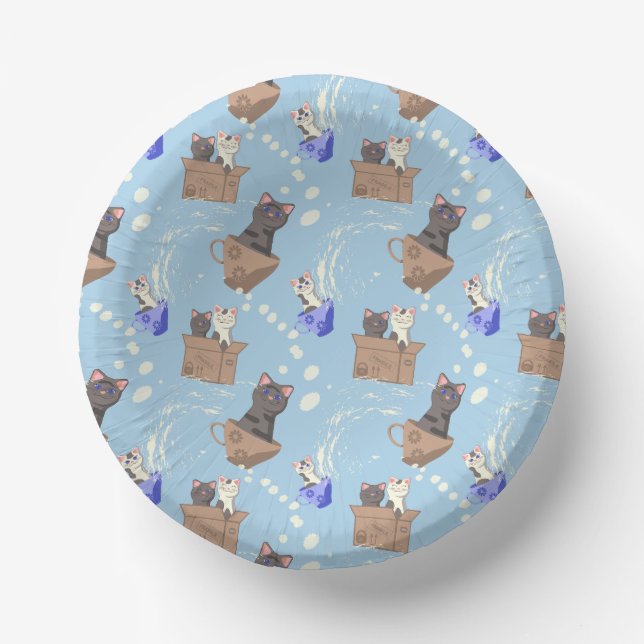 Cats in box and milk drops on blue paper plate (Front)