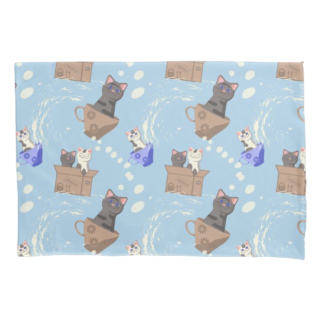 Cats in box and milk drops on blue pillowcase (Front)
