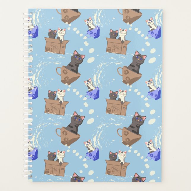 Cats in box and milk drops on blue planner (Front)