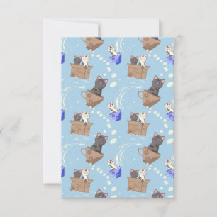Cats in box and milk drops on blue RSVP card