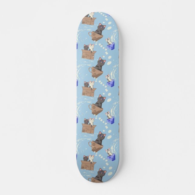 Cats in box and milk drops on blue skateboard (Front)