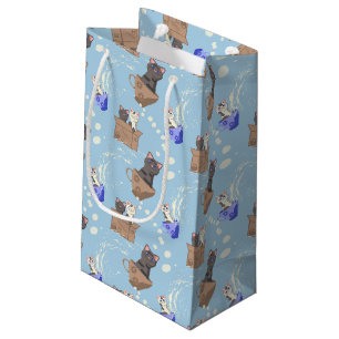 Cats in box and milk drops on blue small gift bag