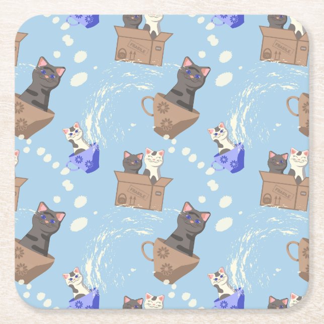 Cats in box and milk drops on blue square paper coaster (Front)