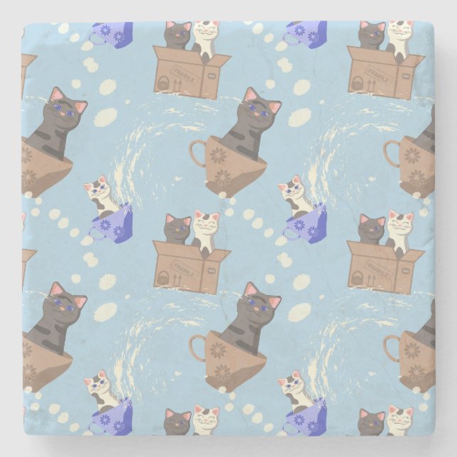 Cats in box and milk drops on blue stone coaster (Front)