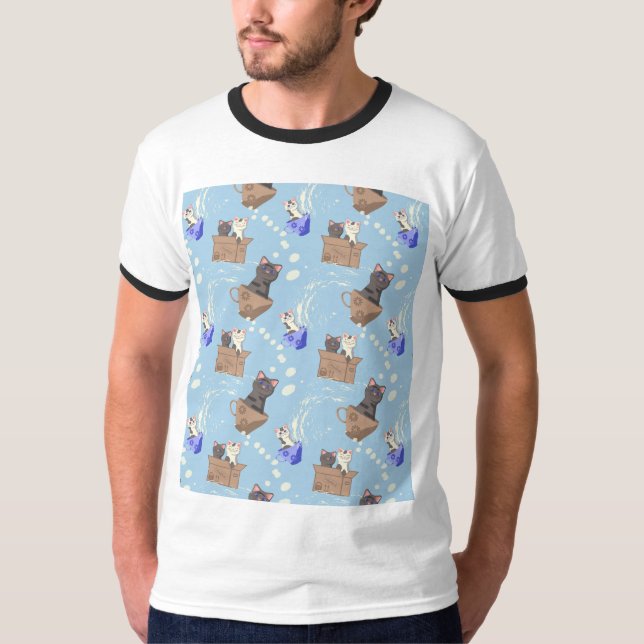 Cats in box and milk drops on blue T-Shirt (Front)