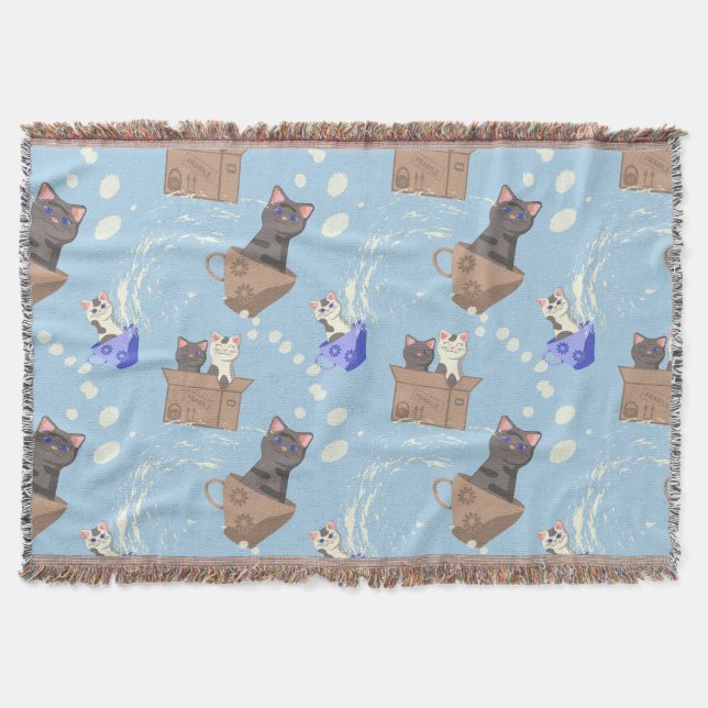 Cats in box and milk drops on blue throw blanket (Front)