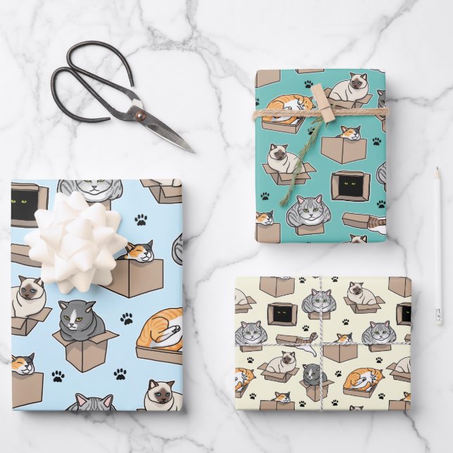 Cats in Boxes If I Fit I Sit, Choose Your Colours Wrapping Paper Sheet (Front)