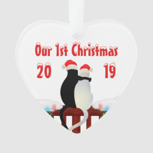 Cats In Caps 1st Christmas Personalised Heart Ornament