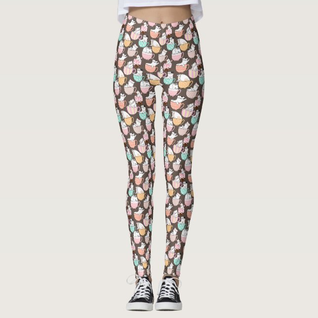 Cats in coffee cups 01. DGrey BG Leggings (Front)