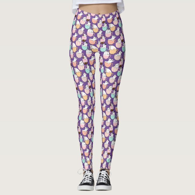 Cats in coffee cups 01. Purple BG Leggings (Front)