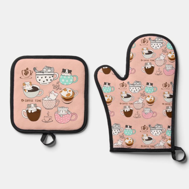 Cats in Coffee Cups Oven Mitt & Pot Holder Set (Front)
