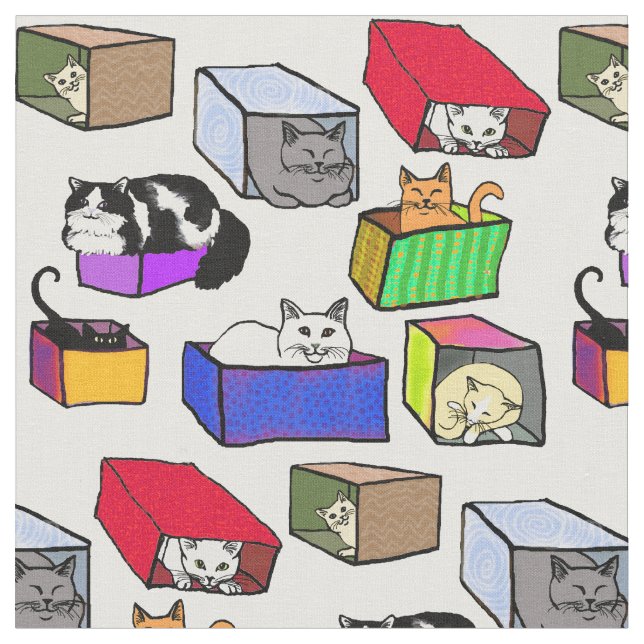 Cats in Colourful Boxes Fabric (Close Up)