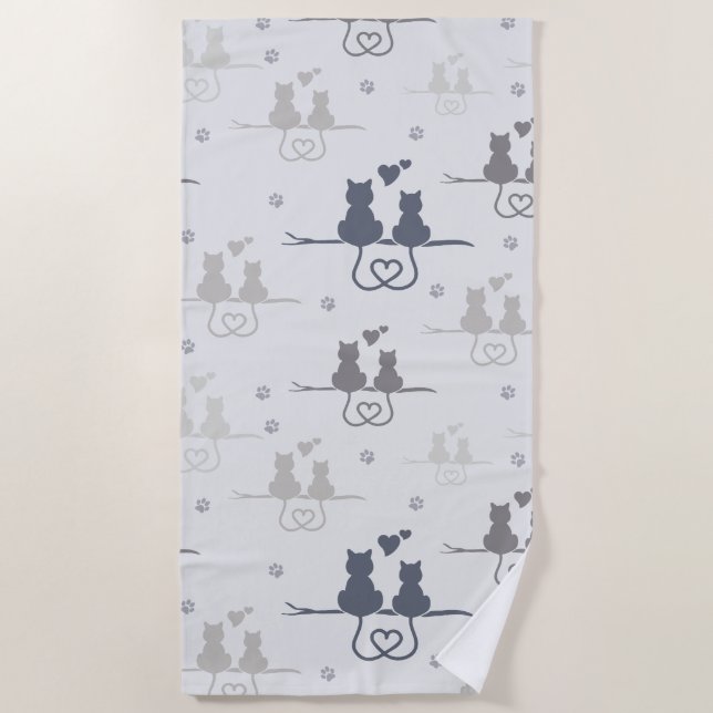 Cats in Love Modern Animal Silhouette Pattern Beach Towel (Front)
