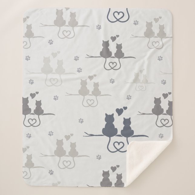 Cats in Love Modern Animal Silhouette Pattern Sherpa Blanket (Front)