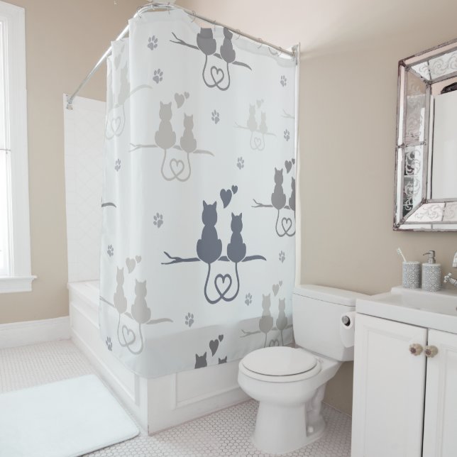 Cats in Love Modern Animal Silhouette Pattern Shower Curtain (In Situ)