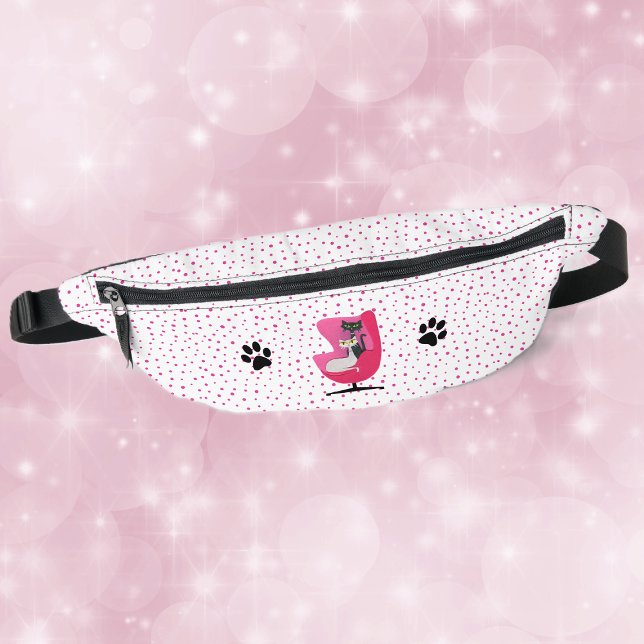 Cats in Mid Century Pink Chair Paw Prints Dots Bum Bags (Two cats in mid century pink chair, black cat paw prints on white with pink dots fanny pack.)