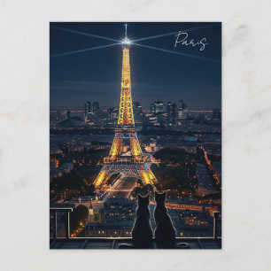 Cats in Paris Eiffel Tower at Night Postcard