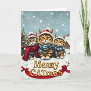 Cats in Preppy Winter Attire and Hats Christmas Card