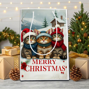 Cats in Preppy Winter Attire and Hats Christmas Medium Gift Bag