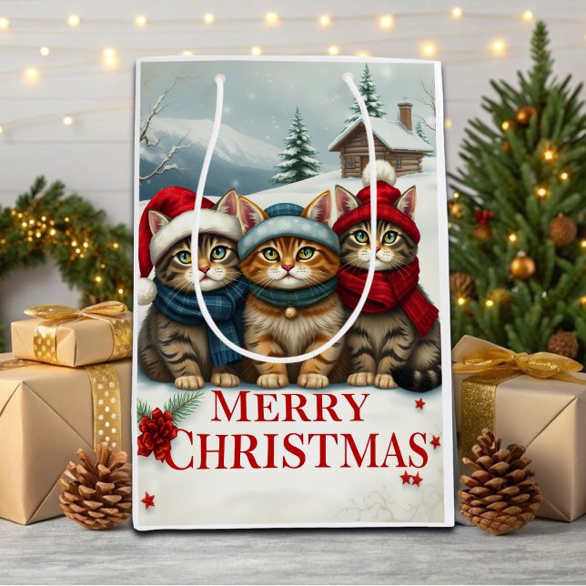 Cats in Preppy Winter Attire and Hats Christmas Medium Gift Bag (Creator Uploaded)