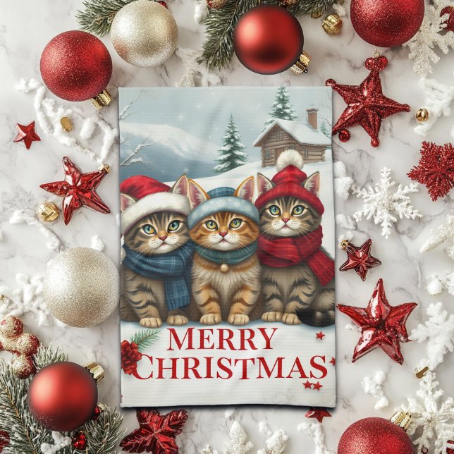 Cats in Preppy Winter Attire and Hats Christmas Tea Towel (Creator Uploaded)