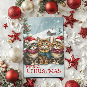 Cats in Preppy Winter Attire and Hats Christmas Tea Towel