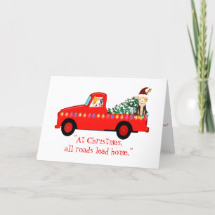 Cats In Red Truck Green Christmas Tree Holiday Card
