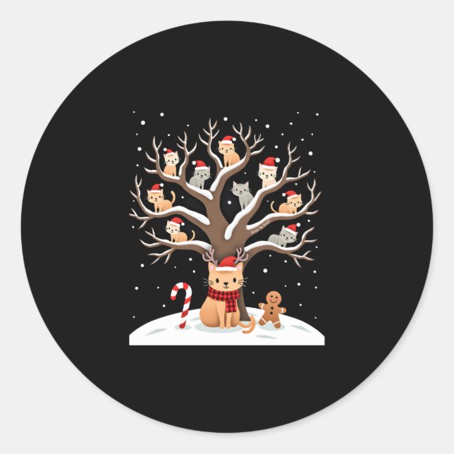 Cats In Snow Tree Winter Christmas Santa Hat X-mas Classic Round Sticker (Front)