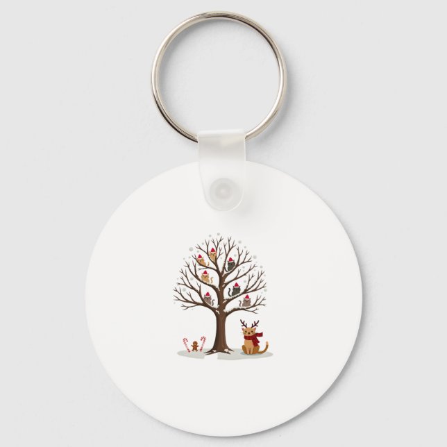 Cats In Snow Tree Winter Christmas Santa Hat X-mas Key Ring (Front)