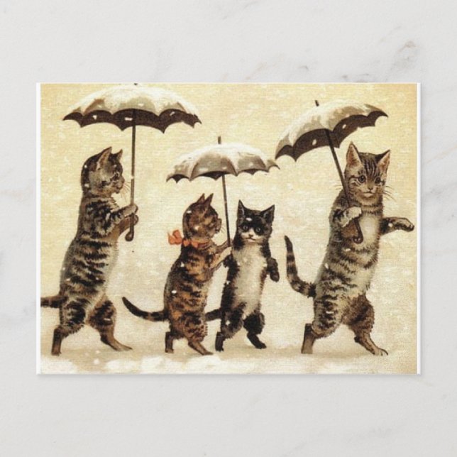Cats in Snow with Umbrellas Postcard (Front)
