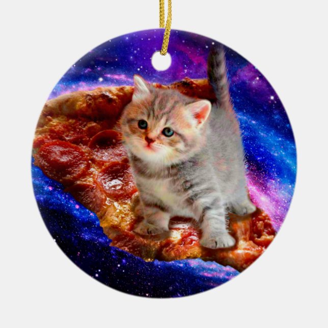 Cats in space pizza ceramic tree decoration (Front)
